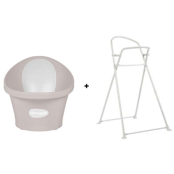 Conjunto SHNUGGLE Banheira + Suporte para bebé com design ergonómico, apoio lombar integrado, suporte dobrável à altura da cintura, base antiderrapante e utilização desde o nascimento até aos 12 meses. Taupe