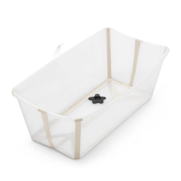 Conjunto Stokke® Flexi Bath® com banheira dobrável, suporte para recém-nascido e suporte para banheira, ideal para um banho confortável e seguro desde o nascimento. Sandy Beige