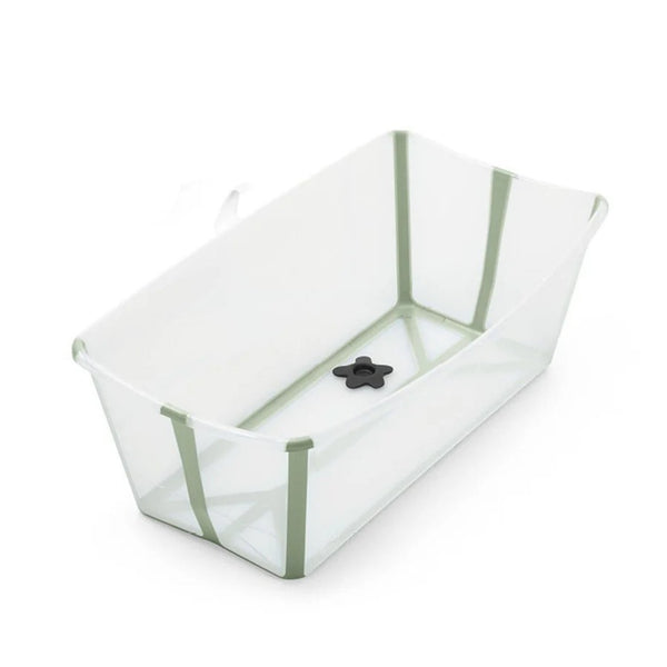 Conjunto Stokke® Flexi Bath® com banheira dobrável, suporte para recém-nascido e suporte para banheira, ideal para um banho confortável e seguro desde o nascimento. Transparent Green