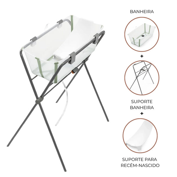 Conjunto Stokke® Flexi Bath® com banheira dobrável, suporte para recém-nascido e suporte para banheira, ideal para um banho confortável e seguro desde o nascimento. Transparent Green