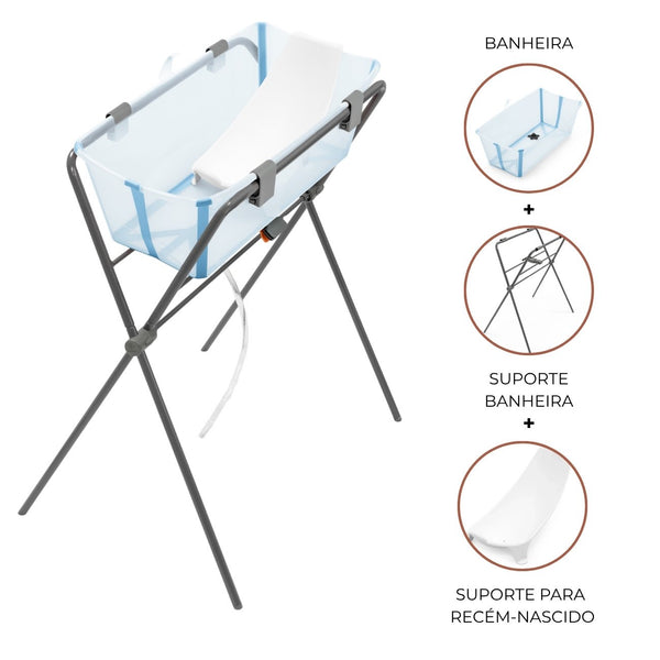 Conjunto Stokke® Flexi Bath® com banheira dobrável, suporte para recém-nascido e suporte para banheira, ideal para um banho confortável e seguro desde o nascimento. Ocean Blue
