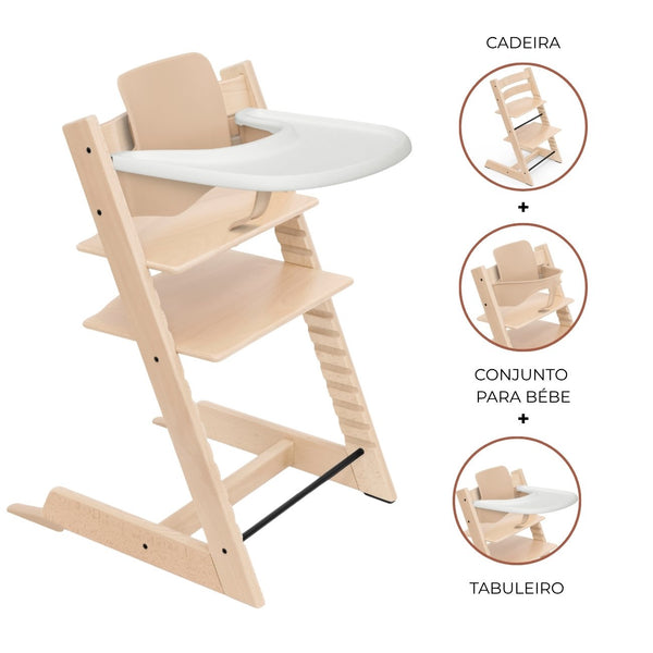 Cadeira Tripp Trapp® com Baby Set² e Tabuleiro Stokke®, cadeira evolutiva em madeira com assento ajustável, ideal para acompanhar o crescimento da criança. Beech natural