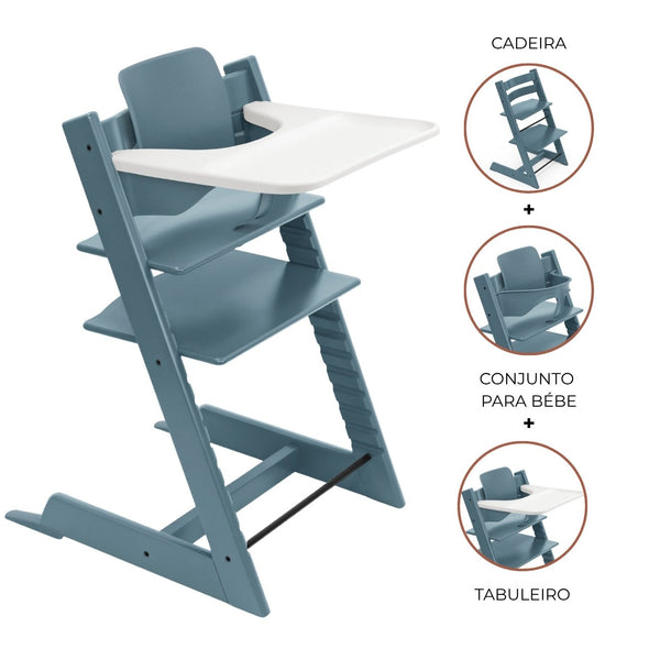 Cadeira Tripp Trapp® com Baby Set² e Tabuleiro Stokke®, cadeira evolutiva em madeira com assento ajustável, ideal para acompanhar o crescimento da criança. Fjord blue