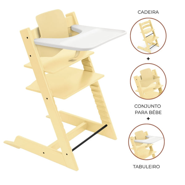 Cadeira Tripp Trapp® com Baby Set² e Tabuleiro Stokke®, cadeira evolutiva em madeira com assento ajustável, ideal para acompanhar o crescimento da criança. Lemon Yellow