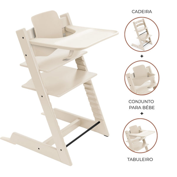 Cadeira Tripp Trapp® com Baby Set² e Tabuleiro Stokke®, cadeira evolutiva em madeira com assento ajustável, ideal para acompanhar o crescimento da criança. Vanilla white