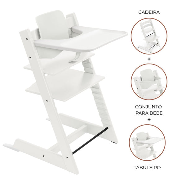 Cadeira Tripp Trapp® com Baby Set² e Tabuleiro Stokke®, cadeira evolutiva em madeira com assento ajustável, ideal para acompanhar o crescimento da criança. White