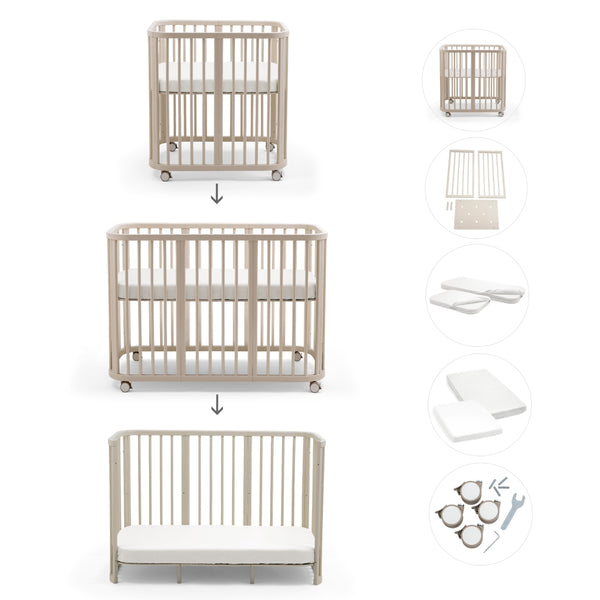 Stokke Nighti Convertible Cot Bed em madeira com colchões, lençóis e kit de extensão para bebé até aos 5 anos vanilla