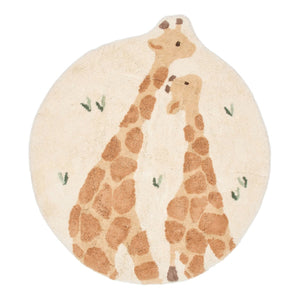 Tapete Giraffe infantil redondo em 100% algodão orgânico tufado, com superfície macia e verso antiderrapante para quarto e espaço de brincadeira.