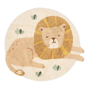 Tapete Lion infantil redondo em 100% algodão orgânico, com diferentes alturas de pelo, efeito de relevo e verso antiderrapante.