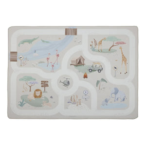 Tapete Pista Safari Little Dutch em poliéster bege com caminhos e ilustrações para brincar com veículos e criar aventuras imaginativas.