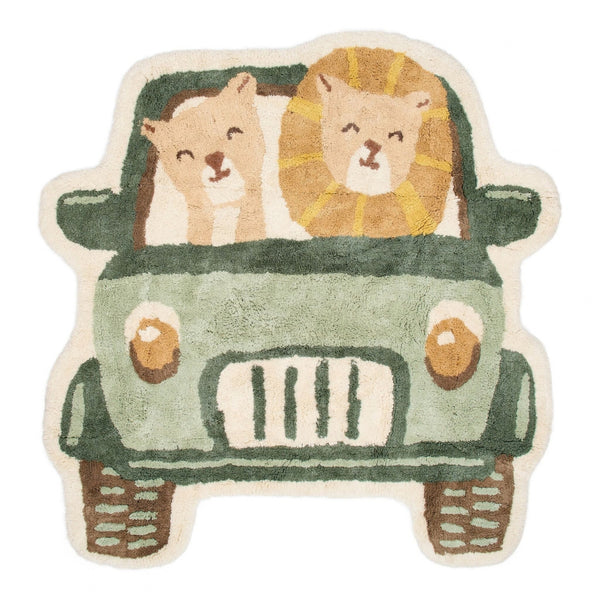 Tapete Safari Jeep infantil em 100% algodão orgânico, com formato de jipe de safari, leões e diferentes texturas para brincar e decorar.