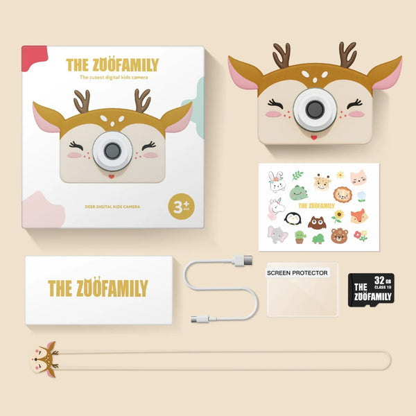 Máquina fotográfica infantil Zoofamily Friends com ecrã de 2 polegadas, capa protetora em silicone e cartão de memória de 32 GB para fotografias e vídeos deer