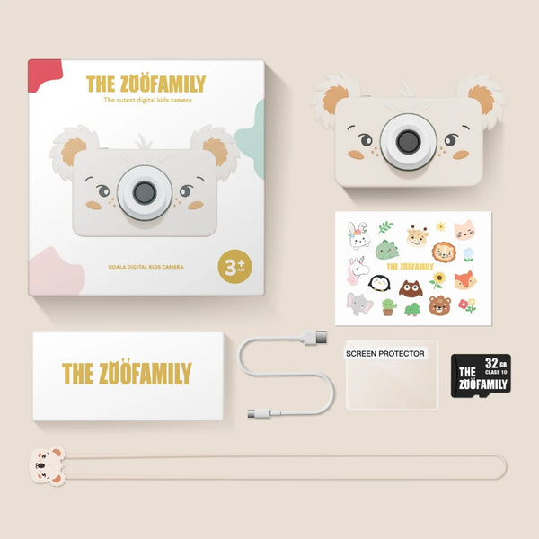 Máquina fotográfica infantil Zoofamily Friends com ecrã de 2 polegadas, capa protetora em silicone e cartão de memória de 32 GB para fotografias e vídeos koala