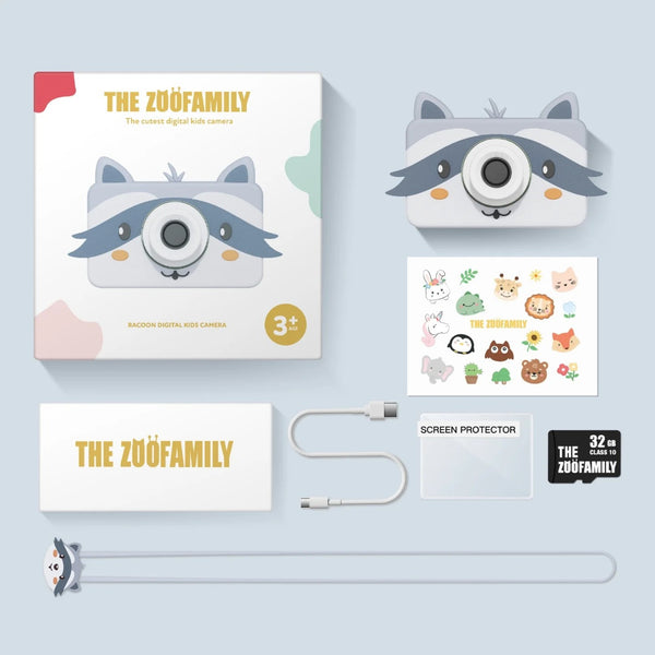 Máquina fotográfica infantil Zoofamily Friends com ecrã de 2 polegadas, capa protetora em silicone e cartão de memória de 32 GB para fotografias e vídeos racoon