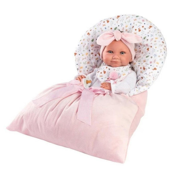 Boneca Tina Recém-Nascida de 40 cm feita à mão em Espanha, com conjunto de roupa, chupeta e saco-cama rosa com laço.