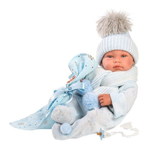 Boneco realista Tino Llorens de 43 cm em vinil, com olhos azuis, roupa, manta e chupeta, fabricado em Espanha.