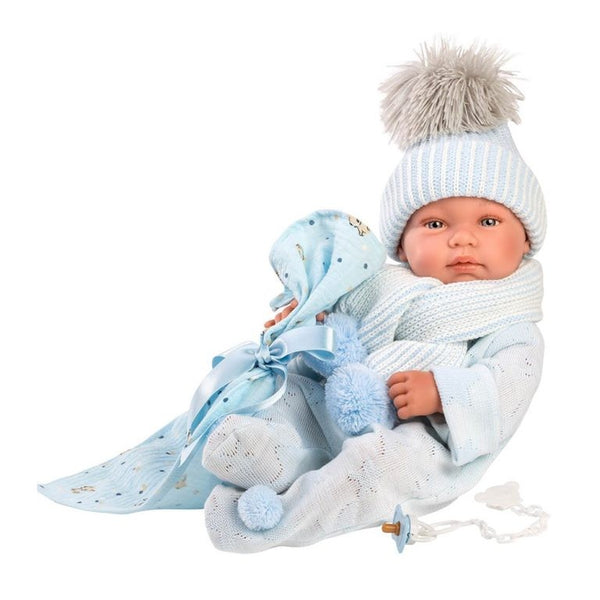 Boneco realista Tino Llorens de 43 cm em vinil, com olhos azuis, roupa, manta e chupeta, fabricado em Espanha.