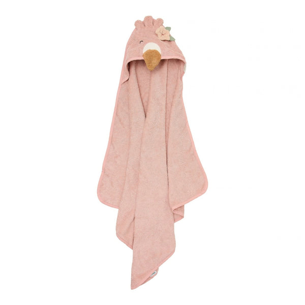 Toalha de Banho Little Dutch em 100% algodão orgânico com capuz de animal, disponível nos designs Flamingo rosa.