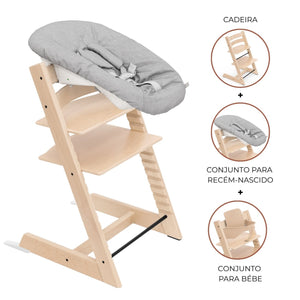 Cadeira Tripp Trapp® com Baby Set² e Newborn Set da Stokke®, solução evolutiva desde o nascimento que acompanha o crescimento da criança até à infância. Beech Natural