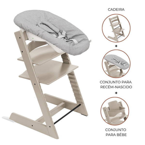 Cadeira Tripp Trapp® com Baby Set² e Newborn Set da Stokke®, solução evolutiva desde o nascimento que acompanha o crescimento da criança até à infância. Cashmere Grey