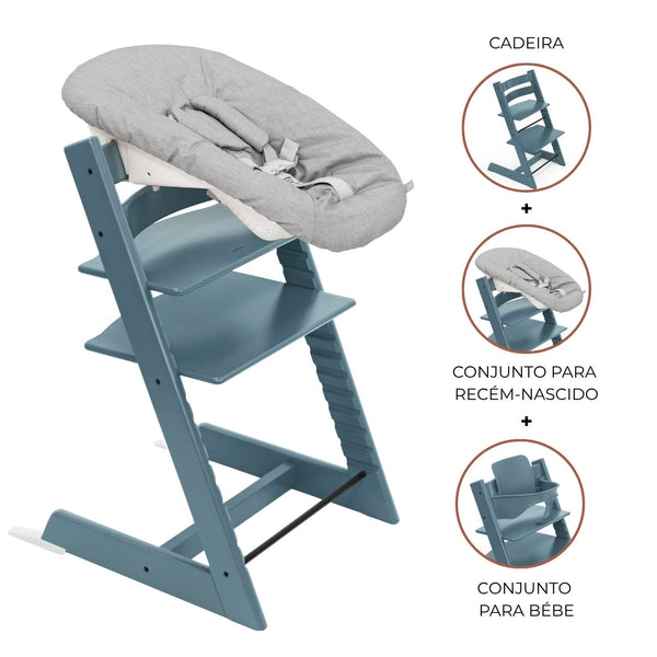 Cadeira Tripp Trapp® com Baby Set² e Newborn Set da Stokke®, solução evolutiva desde o nascimento que acompanha o crescimento da criança até à infância. Fjord Blue