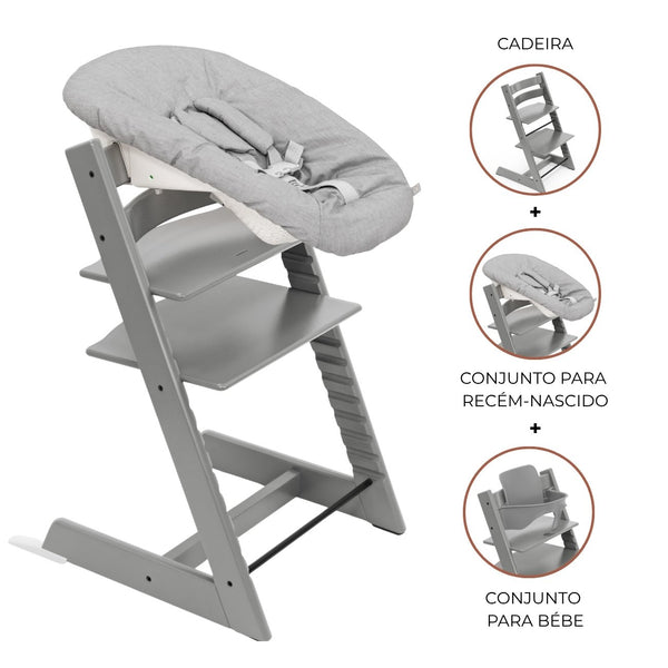 Cadeira Tripp Trapp® com Baby Set² e Newborn Set da Stokke®, solução evolutiva desde o nascimento que acompanha o crescimento da criança até à infância. Storme Grey