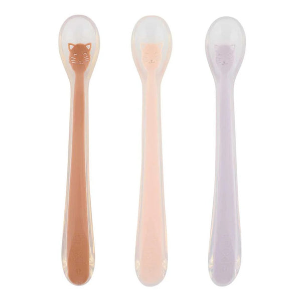 Conjunto de 3 colheres para bebé em silicone alimentar com ponta macia, cabo comprido e design colorido, ideais para as primeiras refeições e introdução alimentar Mr. Cat