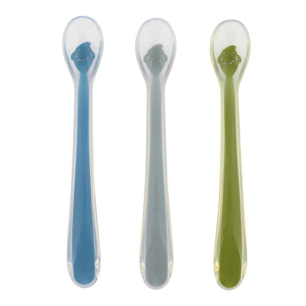 Conjunto de 3 colheres para bebé em silicone alimentar com ponta macia, cabo comprido e design colorido, ideais para as primeiras refeições e introdução alimentar Mr. Shark
