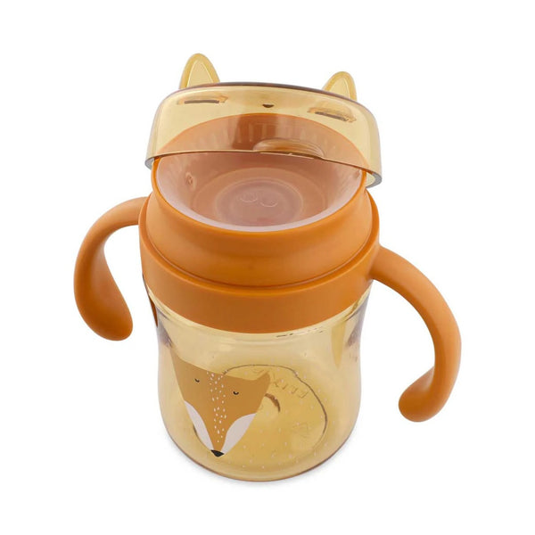 Copo 360º Trixie em Tritan para bebé, com sistema anti-derrame, resistente e fácil de segurar para aprendizagem autónoma da bebida laranja Mr fox