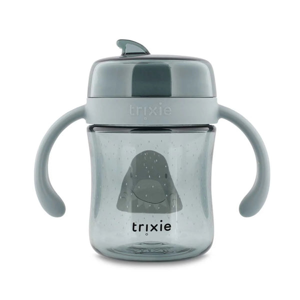 Copo 360º Trixie em Tritan para bebé, com sistema anti-derrame, resistente e fácil de segurar para aprendizagem autónoma da bebida azul mr shark