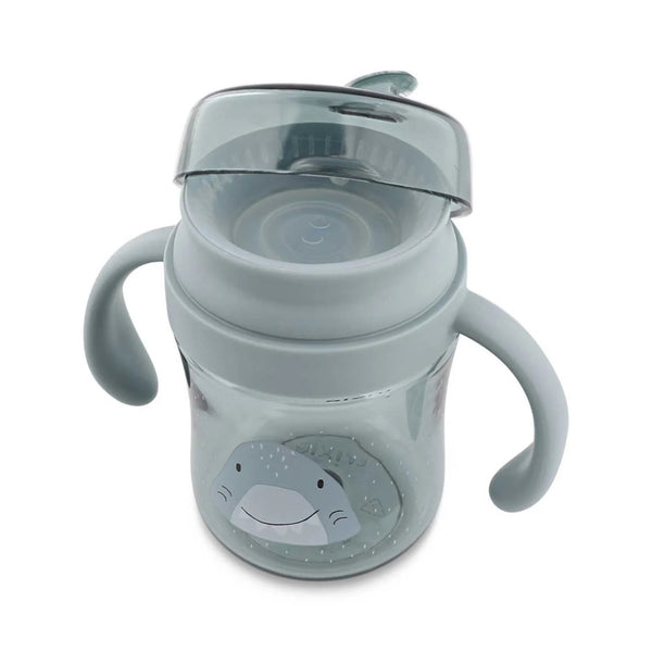Copo 360º Trixie em Tritan para bebé, com sistema anti-derrame, resistente e fácil de segurar para aprendizagem autónoma da bebida azul mr shark