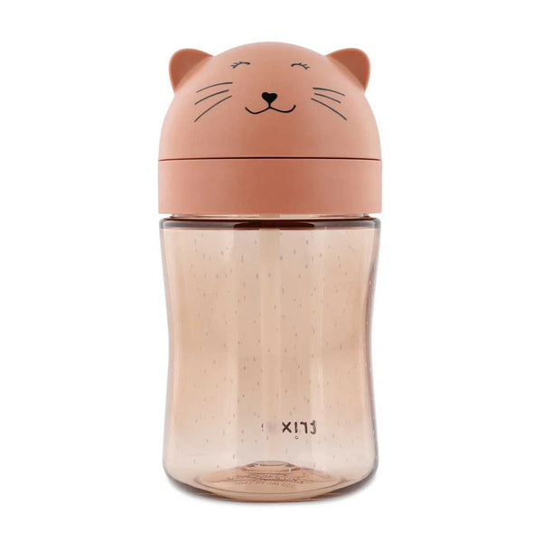 Copo com palhinha Trixie em Tritan para bebé, com sistema anti-derrame, tampa protetora e palhinha em silicone macia cor rosa cat