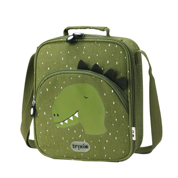Lancheira térmica Trixie infantil com tiracolo ajustável, compartimento isotérmico e bolso frontal para snacks e acessórios mr dino