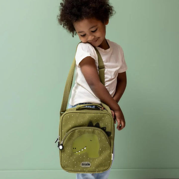 Lancheira térmica Trixie infantil com tiracolo ajustável, compartimento isotérmico e bolso frontal para snacks e acessórios mr dino
