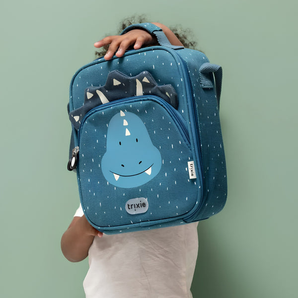 Lancheira térmica Trixie infantil com tiracolo ajustável, compartimento isotérmico e bolso frontal para snacks e acessórios mrs triceratops