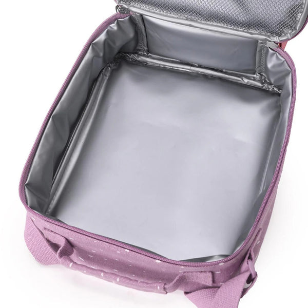 Lancheira térmica Trixie infantil com tiracolo ajustável, compartimento isotérmico e bolso frontal para snacks e acessórios mrs. peacock