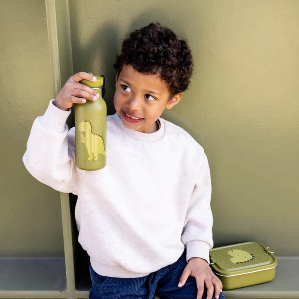 Marmita metálica pequena infantil em aço inoxidável com fechos de silicone, ideal para snacks e pequenas refeições na escola ou passeios
Mr Dino