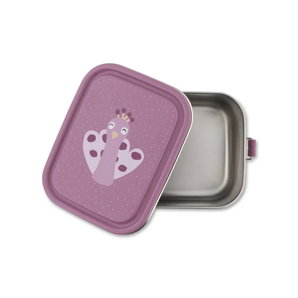 Marmita metálica pequena infantil em aço inoxidável com fechos de silicone, ideal para snacks e pequenas refeições na escola ou passeios
Mrs Peacock
