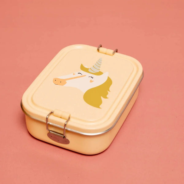 Marmita metálica pequena infantil em aço inoxidável com fechos de silicone, ideal para snacks e pequenas refeições na escola ou passeios
Mrs Unicorn