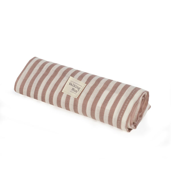Musselina Praliné Stripes Walking Mum 120x120 cm em bambu e algodão, macia, respirável e ideal para envolver o bebé, passeios e amamentação. Vermelho.