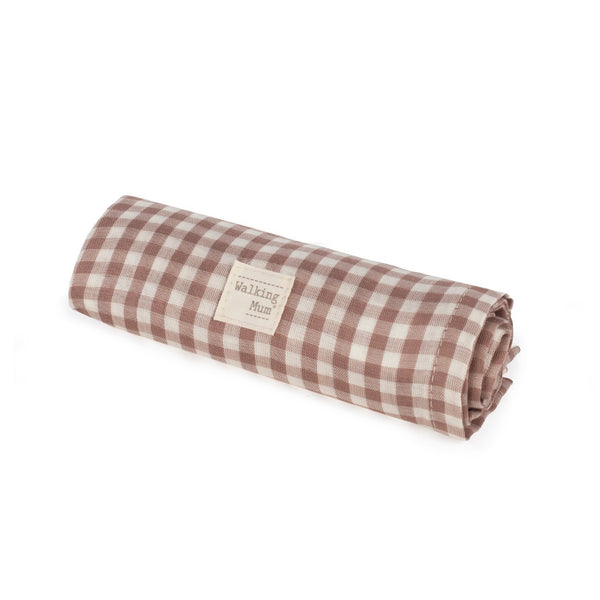 Musselina Praliné Vichy Walking Mum 120x120 cm em bambu e algodão, macia, respirável e ideal para envolver o bebé, passeios e amamentação. Vermelho.